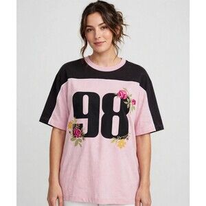 Messy Bun Just Chillin Women's L T-Shirt Pink Black 98 Floral Graphic Tee NWT
